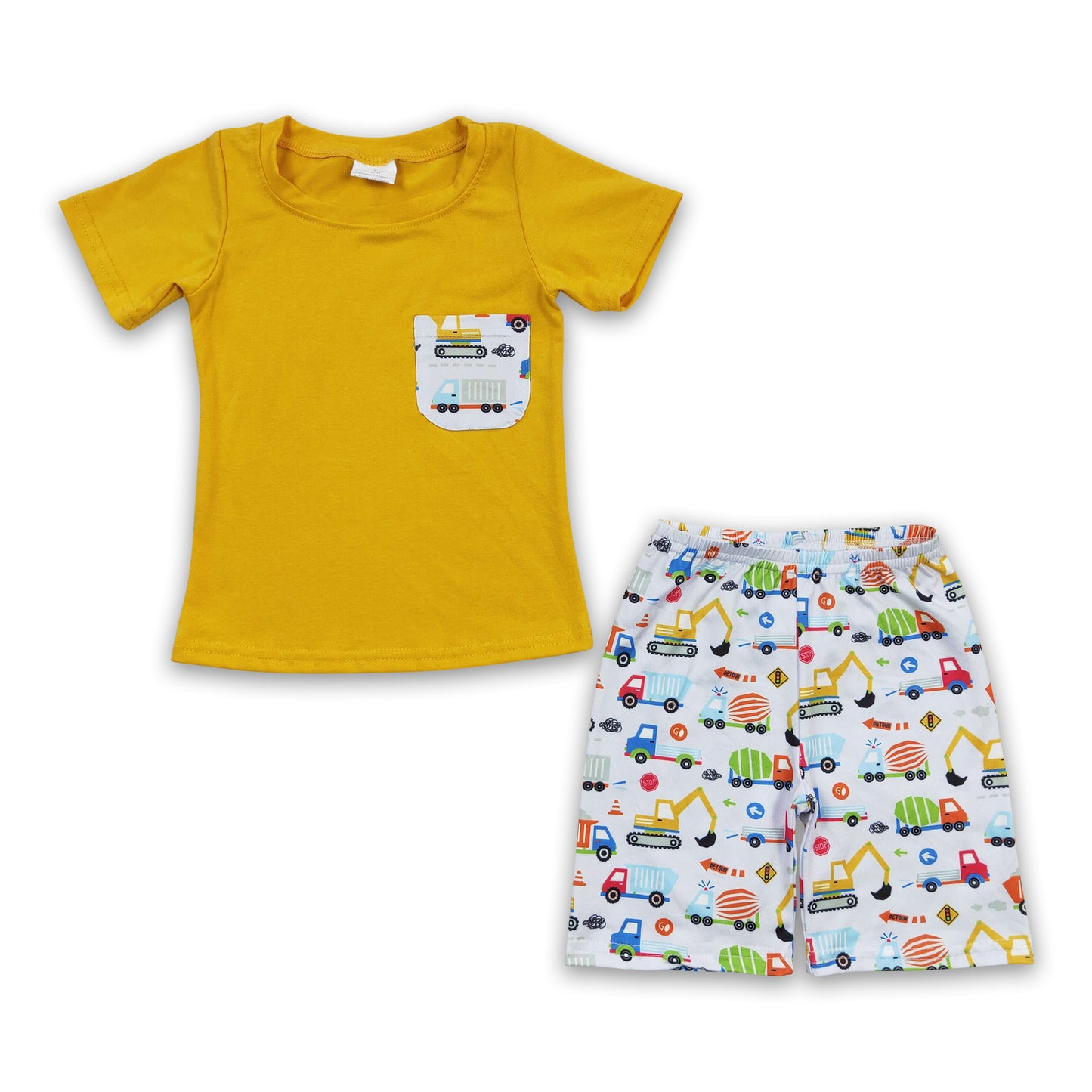 Promotion Baby Boy Short Sleeves Pocket Yellow Shirt Construction Shorts Outfit RTS