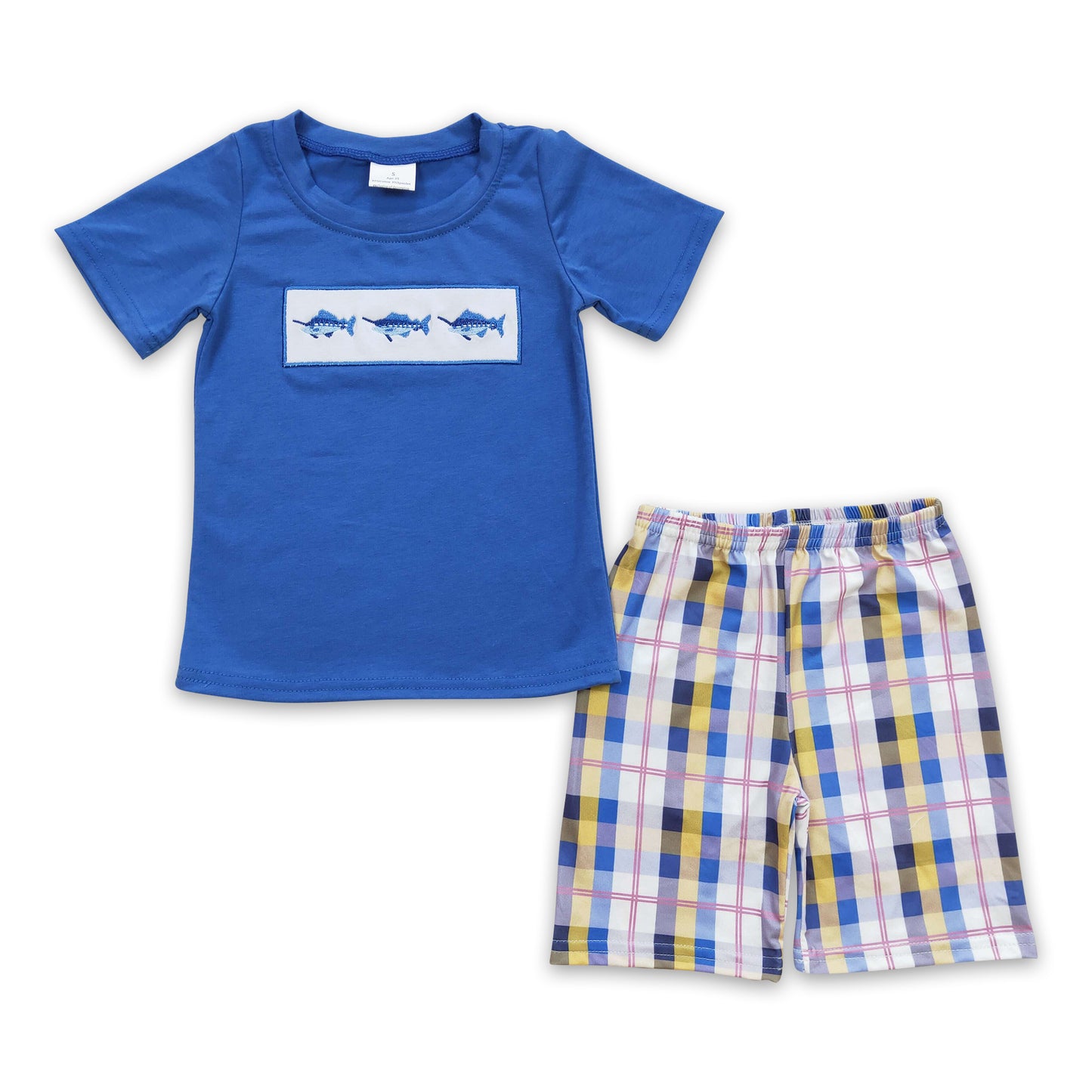 Promotion Baby Boy Short Sleeves Embroidery Fish Cotton Shirt Plaid Shorts Summer Outfit ETS