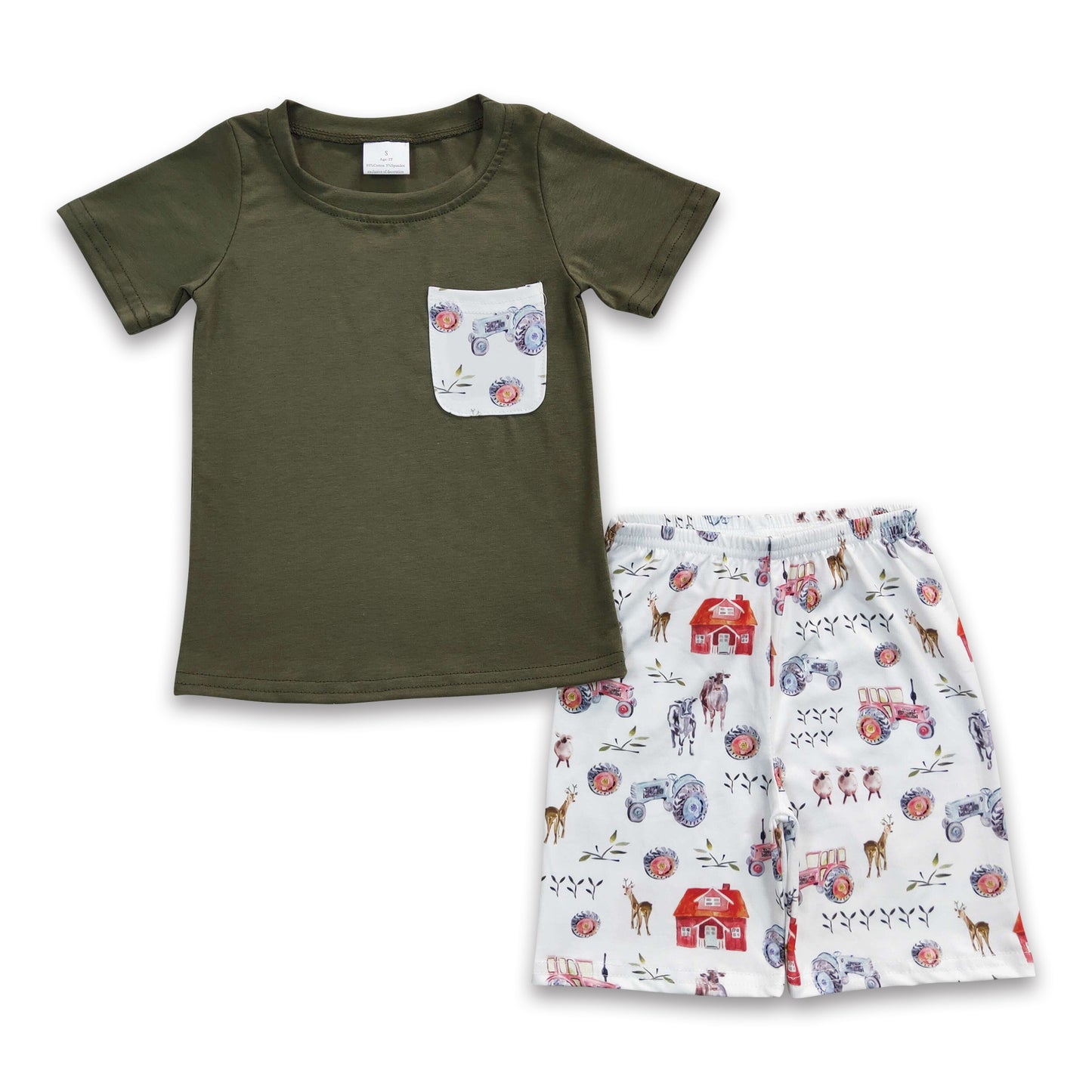 Promotion Baby Boy Farm Green Short Sleeves Pocket Shirt Cow Tractor Shorts Summer Outfit