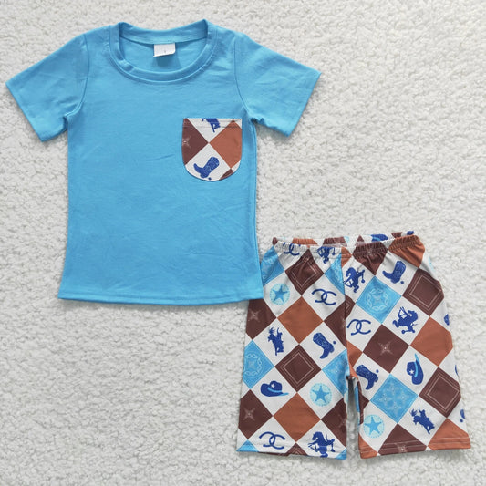 Promotion Baby Boy Western Short Sleeves Pocket Shirt Boots Shorts Summer Outfit RTS