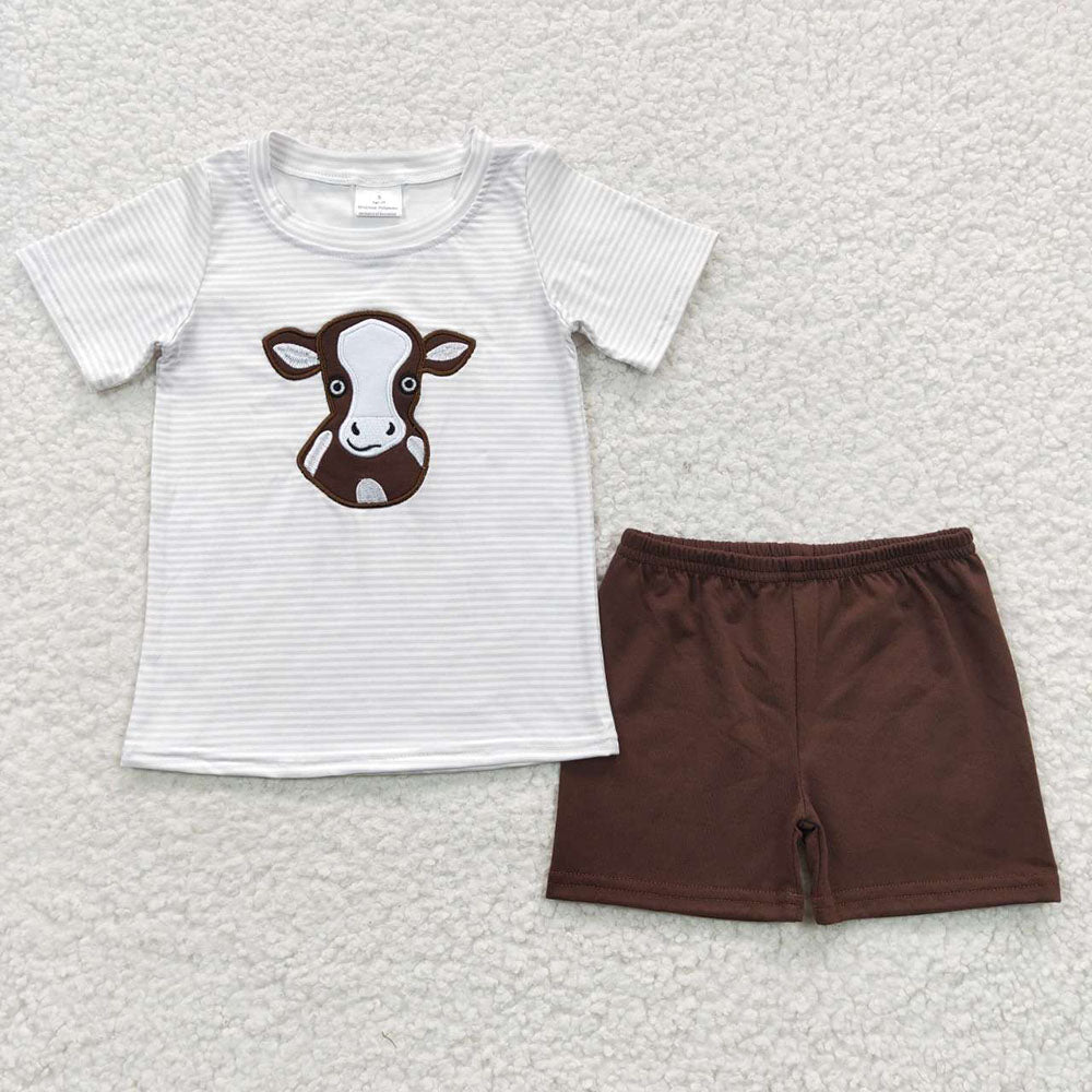 Baby Boy Girl Short Sleeves Embroidery Western Sunflower Cow Sibling Romper Dress Set