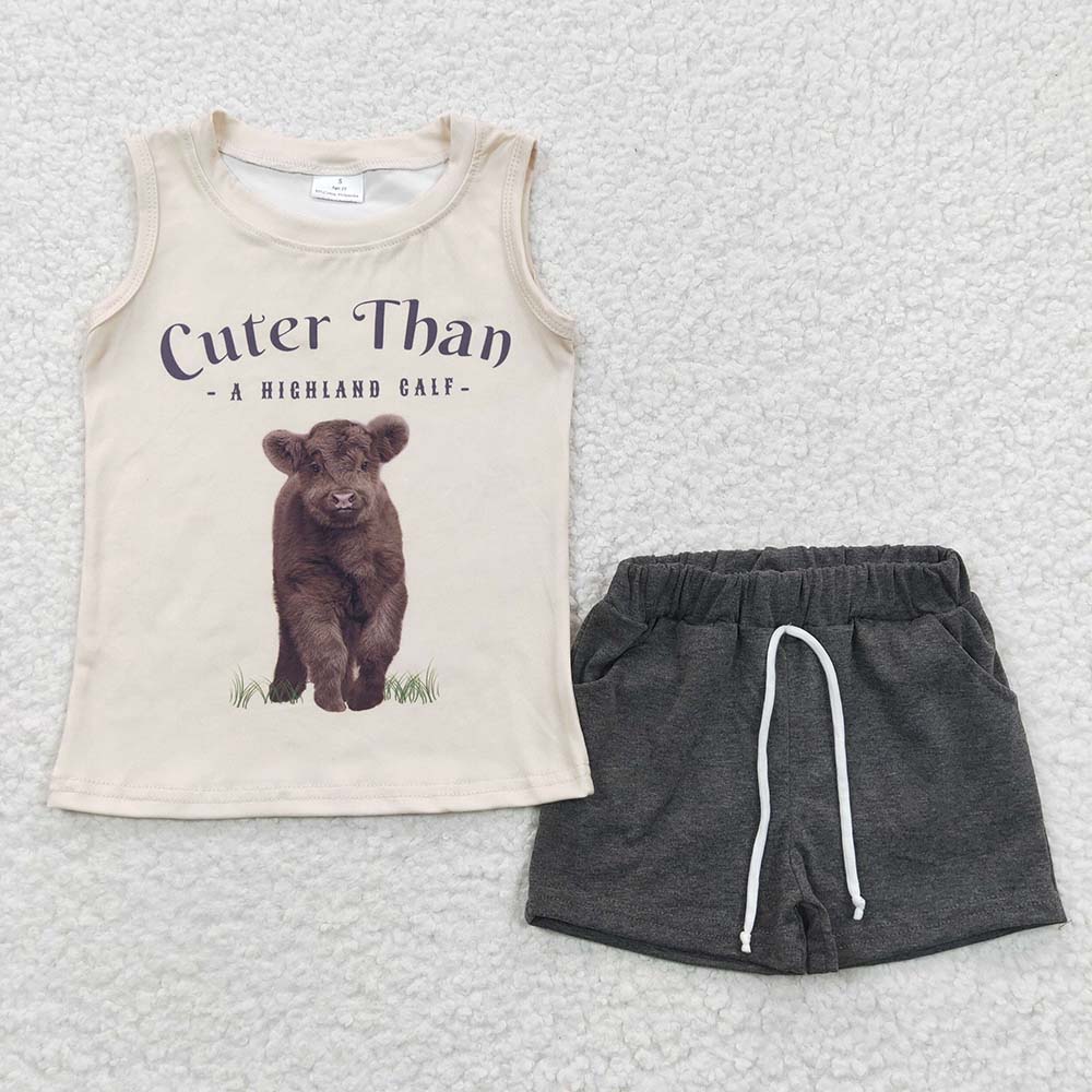 Promotion Baby Boy Western Heifer Tank Tops Pockets Shorts Summer Outfit RTS