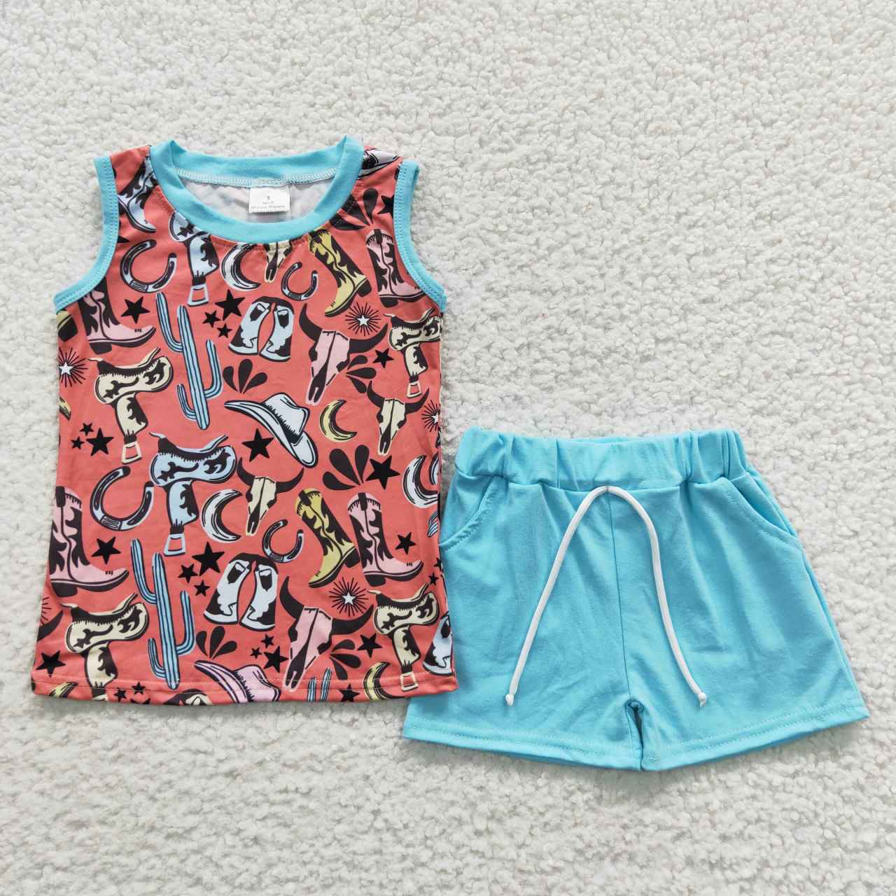 Baby Boy Sleeveless Tee Shirt Smile Western Howdy Shorts Sibling Clothes Set RTS