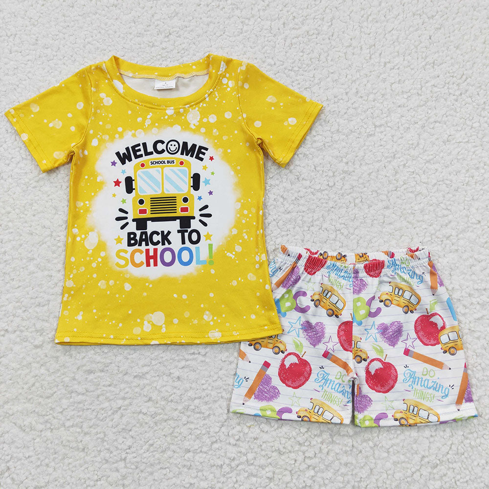 Baby Boy Girl Short Sleeves Bus Sibling Back To School Shorts Yellow Set RTS