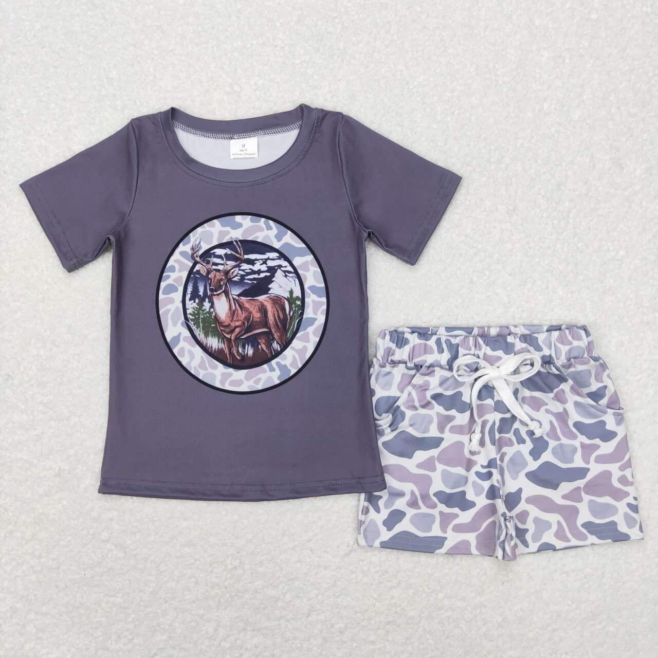 Baby Boy Short Sleeves Dog Duck Deer Shirt Grey Camo Shorts Set Sibling Hunting Clothes RTS