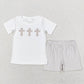 Baby Boy Girl Short Sleeves Grey Stripes Easter Cross Sibling Romper Dress Set