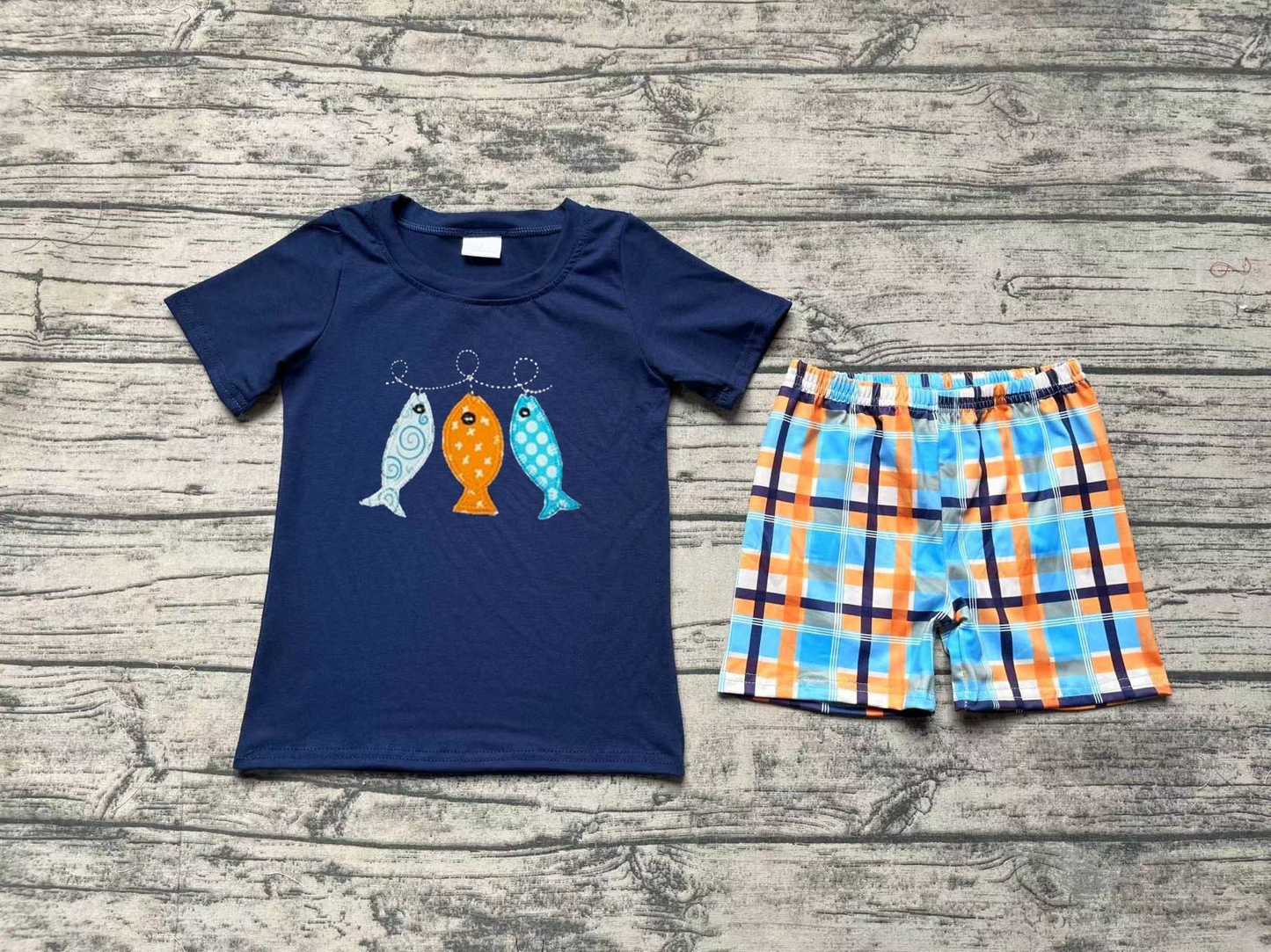 No moq Pre-order Baby Boy Short Sleeves Fishing Shirt Plaid Shorts Set