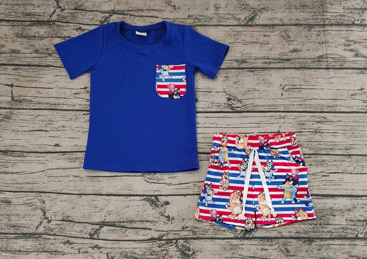 No moq Pre-order Baby Boy Short Sleeves Blue Shirt Dogs Stripes Shorts July 4th Set