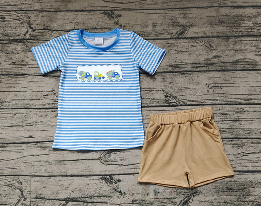 No moq Pre-order Baby Boy Short Sleeves Constructions Stripes Shirt Pocket Shorts Set