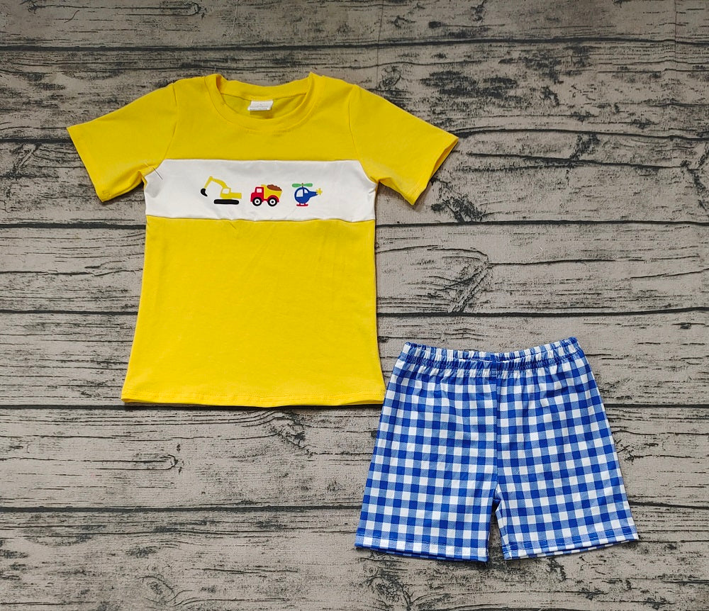 No moq Pre-order Baby Boy Yellow Short Sleeves Constructions Shirt Plaid Shorts Set