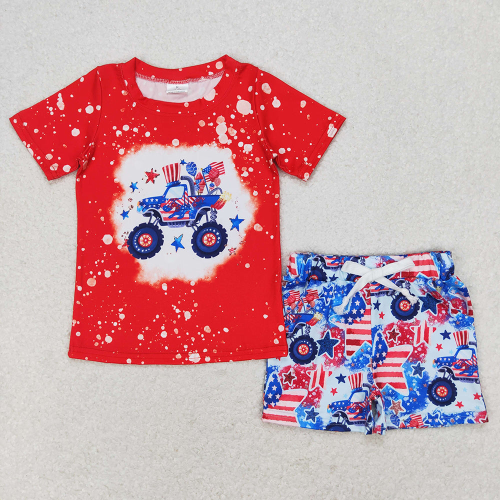 Baby Boy Short Sleeves July 4th Trucks Sibling Outfit Clothes Set RTS