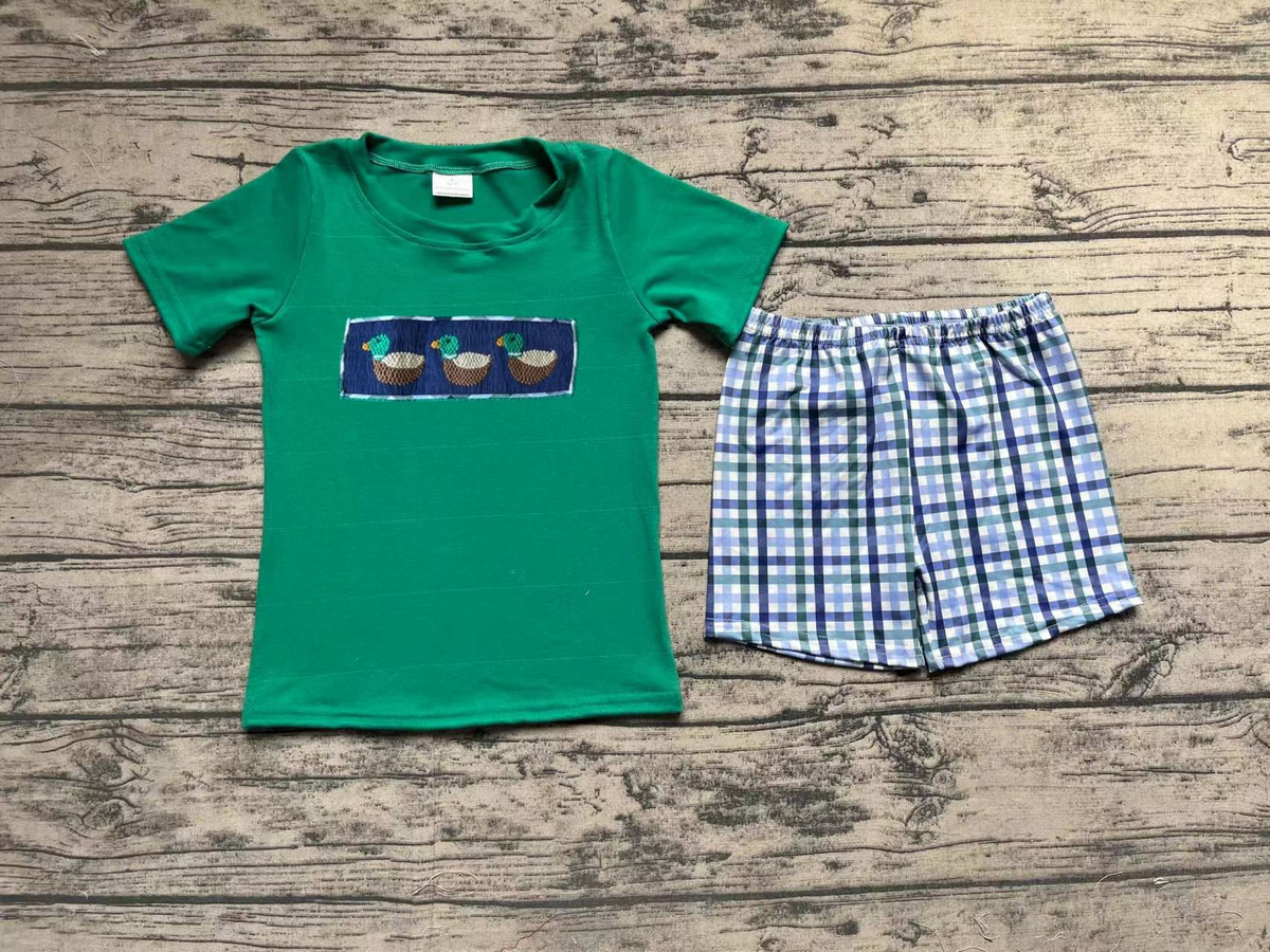 No moq Pre-order Baby Boy Green Short Sleeves Ducks Shirt Plaid Shorts Set