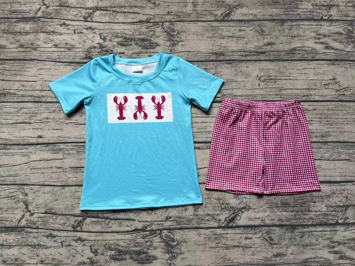 No moq Pre-order Baby Boy Blue Short Sleeves Crawfish Shirt Plaid Shorts Set