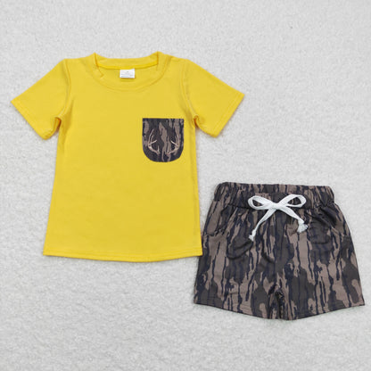 Sibling Baby Boys Short Sleeves Pockets Yellow Shirts Southern Camo Bottoms Clothes Sets RTS
