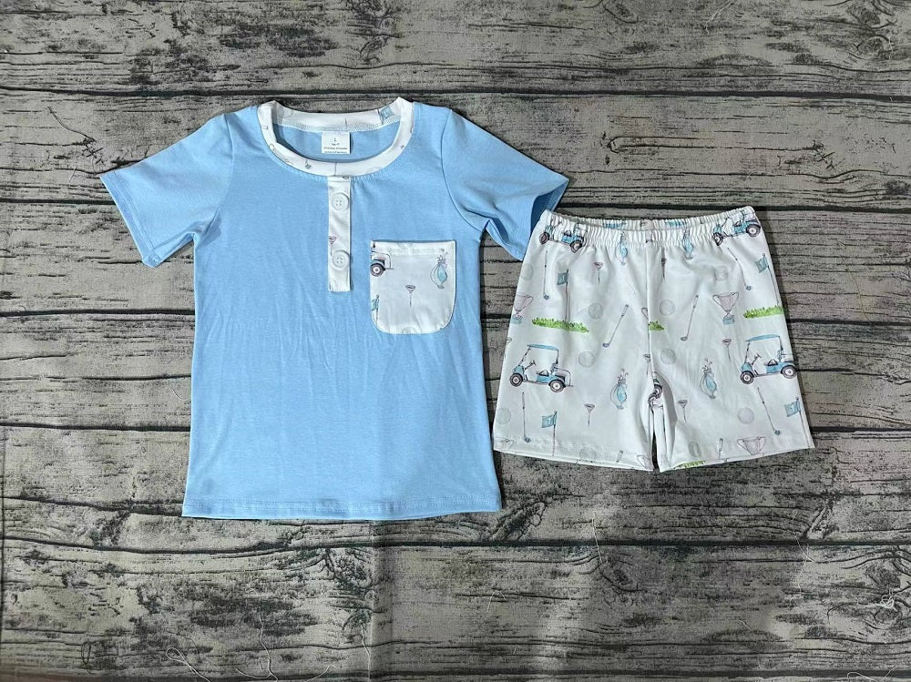 No moq Pre-order Baby Boy Short Sleeves Pocket Blue Shirt Golf Shorts Set