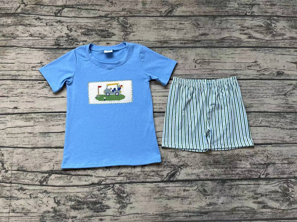 Pre-order Baby Boy Blue Short Sleeves Golf Shirt Stripes Shorts Summer Set