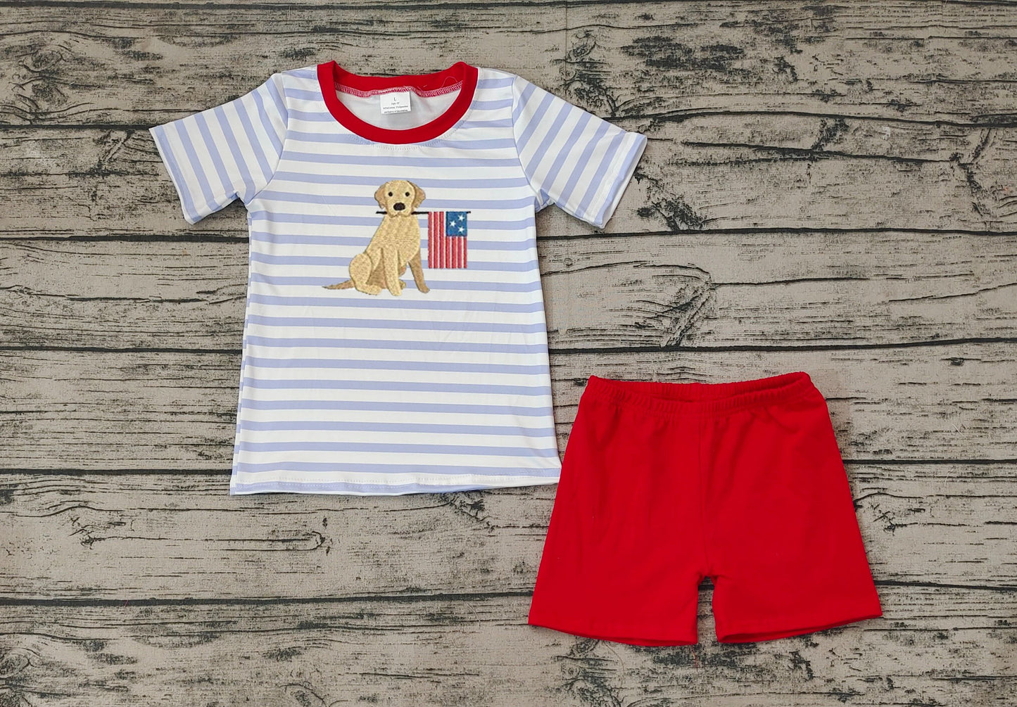 No moq Pre-order Baby Boy Stripes Short Sleeves Dog Flag Shirt Red Shorts July 4th Set