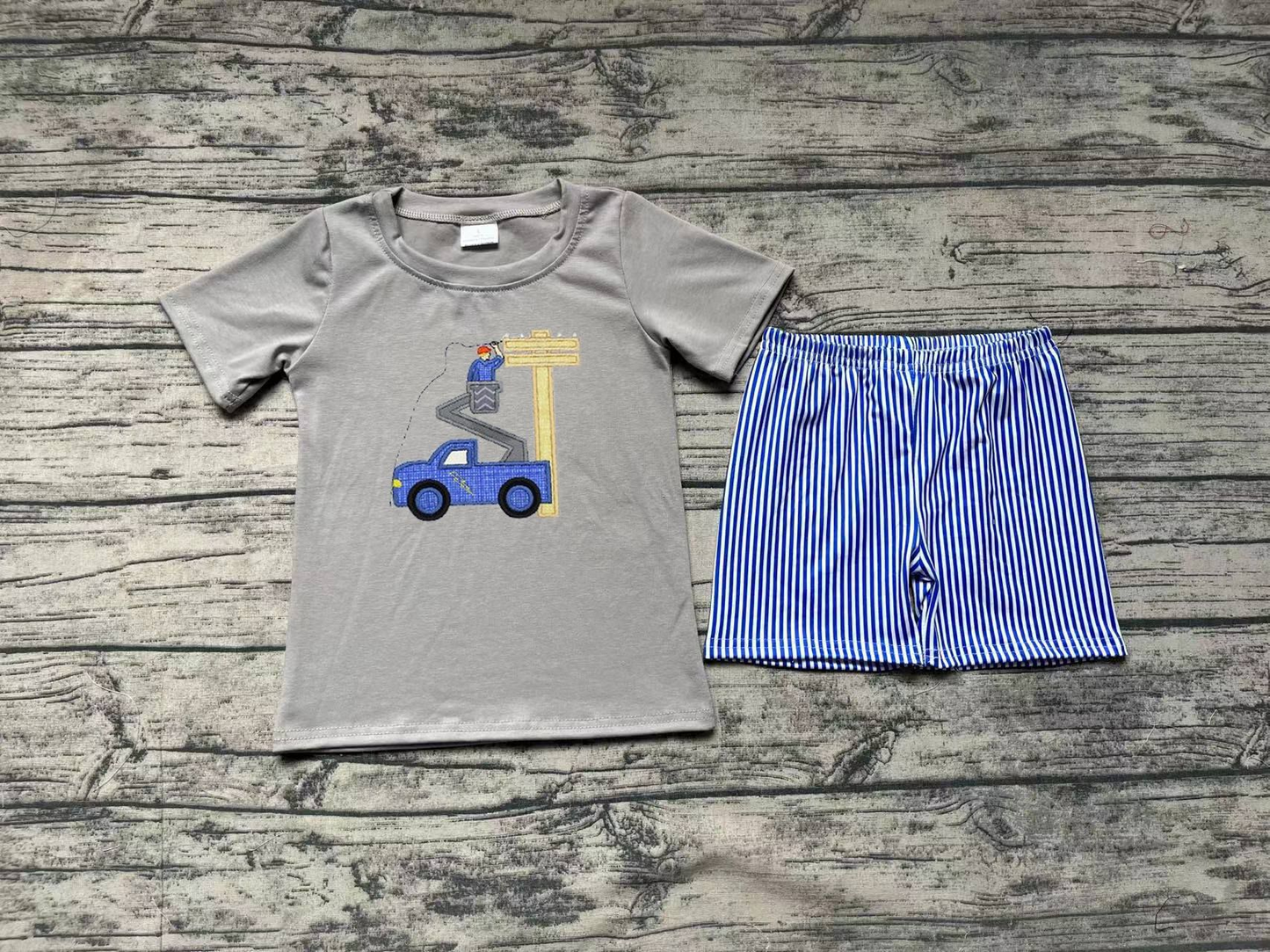 No moq Pre-order Baby Boy Grey Short Sleeves Line Man Shirt Plaid Shorts Set