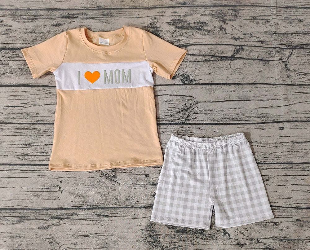 Pre-order Baby Boy Short Sleeves I Love Mom Shirt Plaid Shorts Summer Set