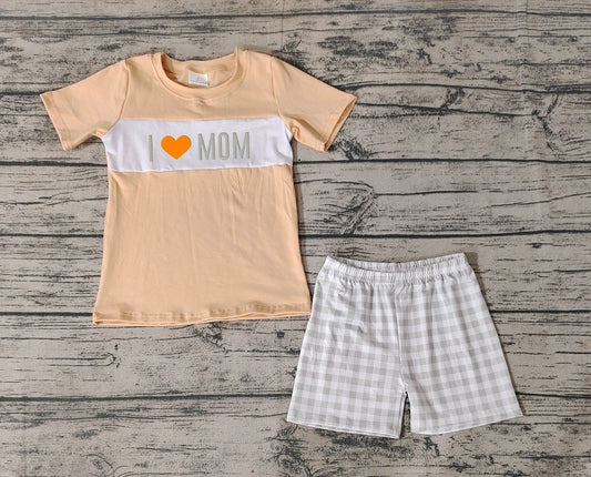 Pre-order Baby Boy Short Sleeves I Love Mom Shirt Plaid Shorts Summer Set