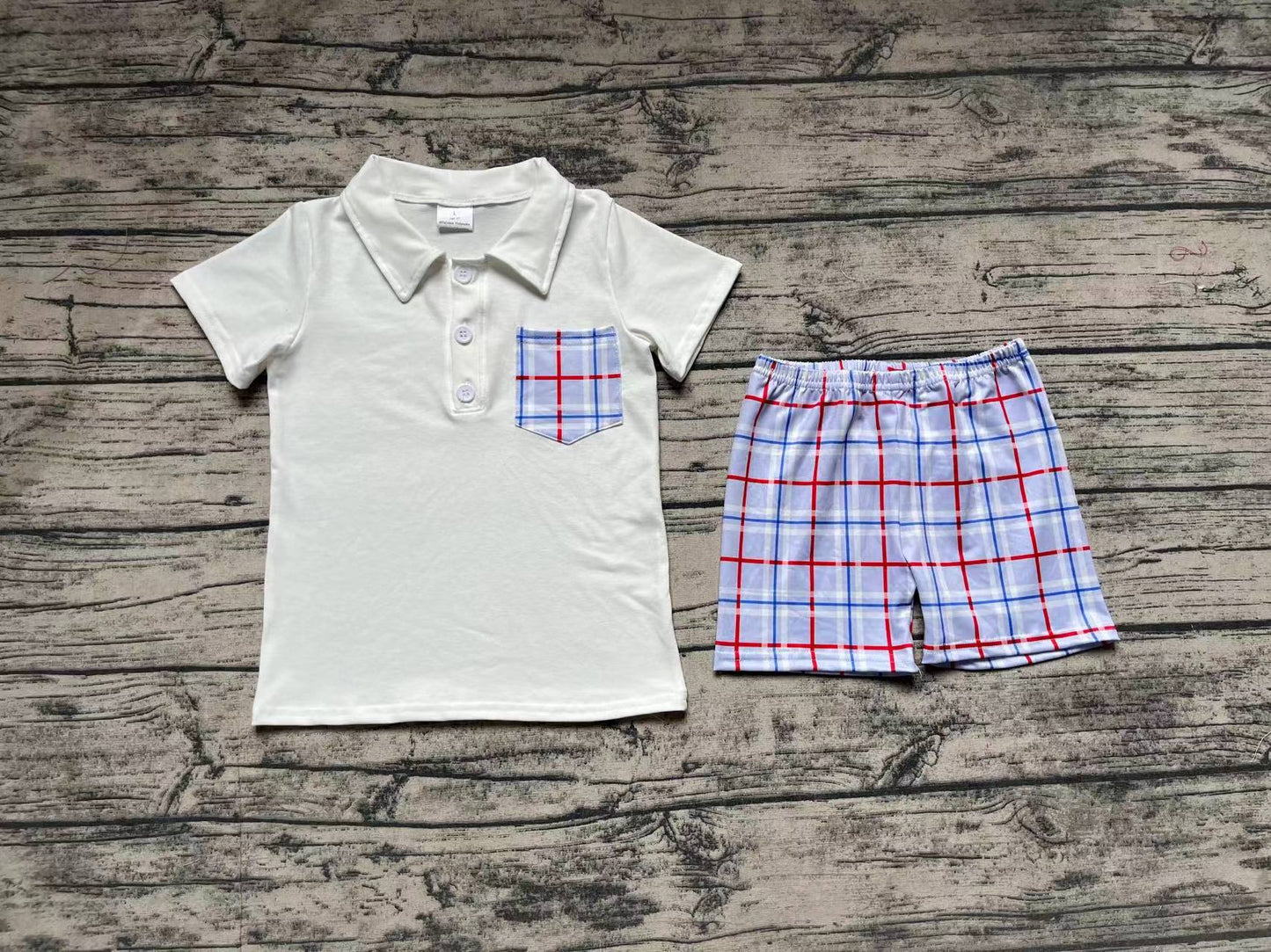 No moq Pre-order Baby Boy White Short Sleeves Pocket Polo Shirt Plaid Shorts Set