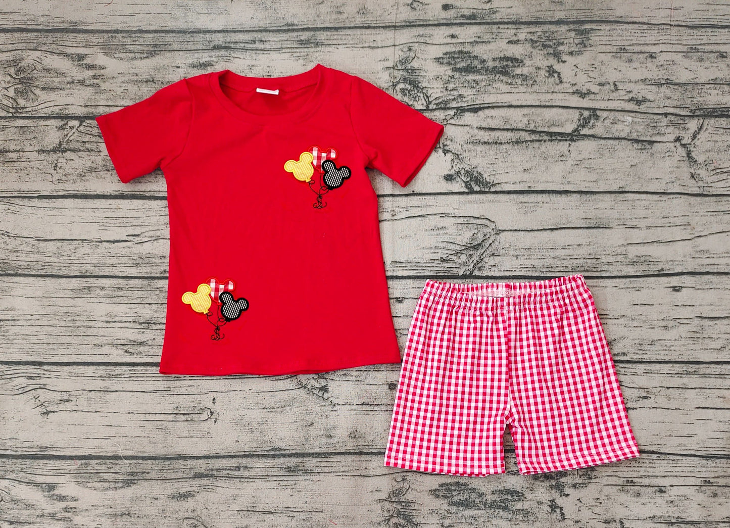 No moq Pre-order Baby Boy Red Short Sleeves Mouse Shirt Plaid Shorts Set