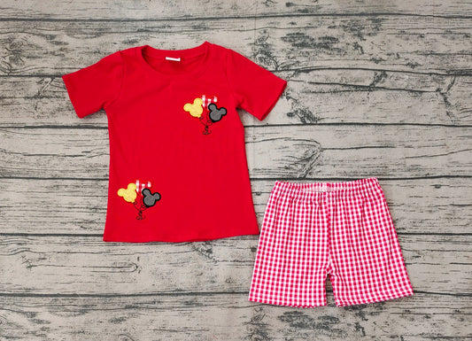 No moq Pre-order Baby Boy Red Short Sleeves Mouse Shirt Plaid Shorts Set