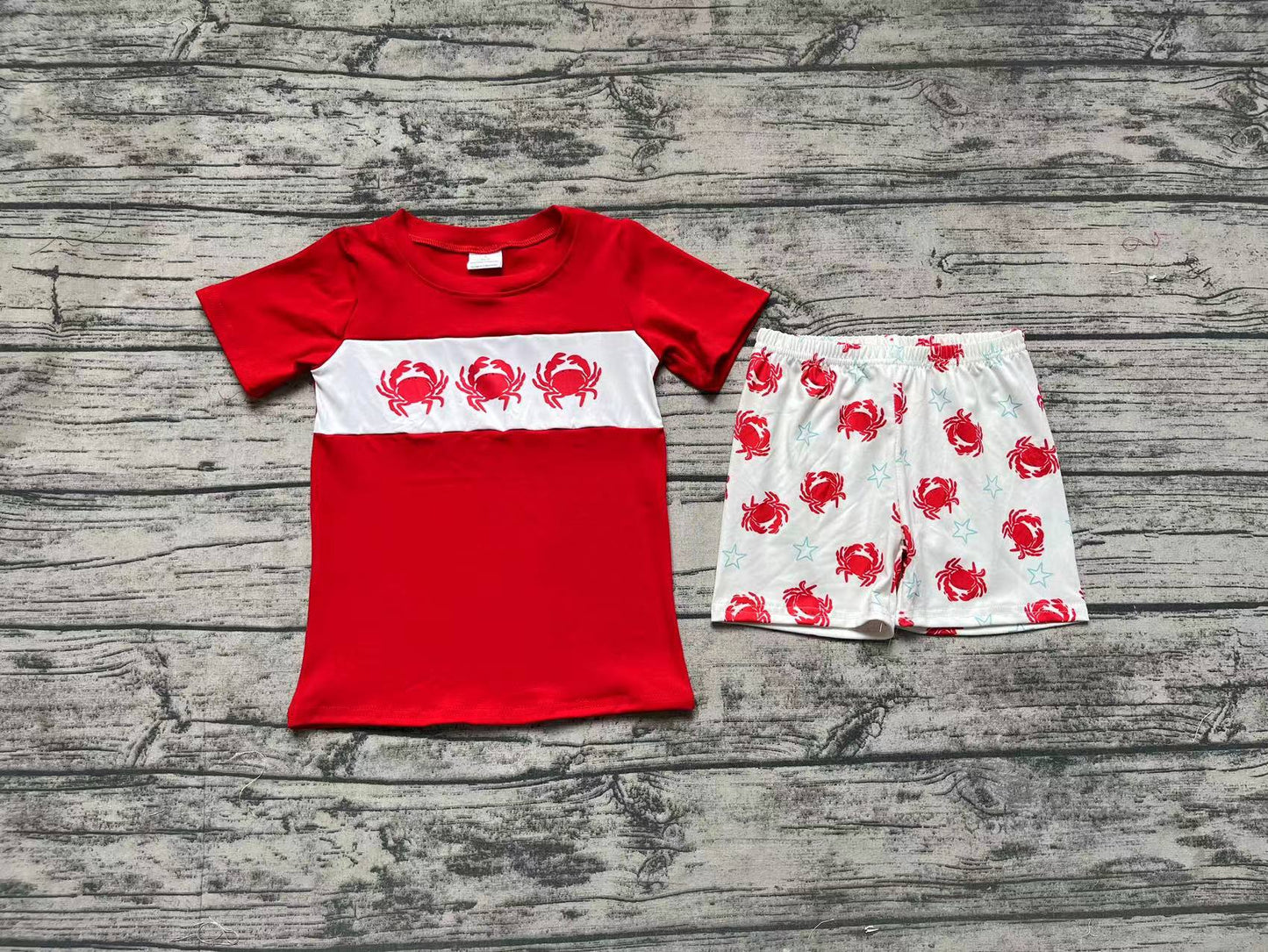 No moq Pre-order Baby Boy Red Short Sleeves Shirt Crabs Shorts Set