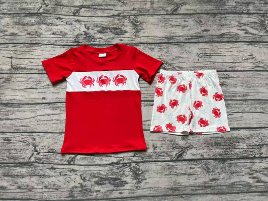 No moq Pre-order Baby Boy Red Short Sleeves Shirt Crabs Shorts Set