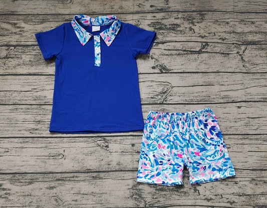 No moq Pre-order Baby Boy Blue Short Sleeves Polo Shirt Floral Shorts Set