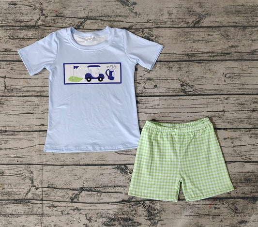 No moq Pre-order Baby Boy Short Sleeves Golf Shirt Green Plaid Shorts Set