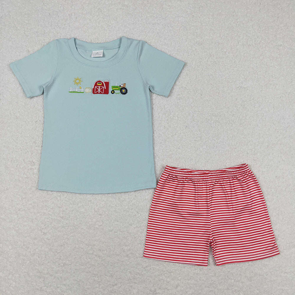 Sibling Boy Girl Short Sleeves Embroidery Farm Tractor Shirt Stripes Shorts Sibling Set RTS