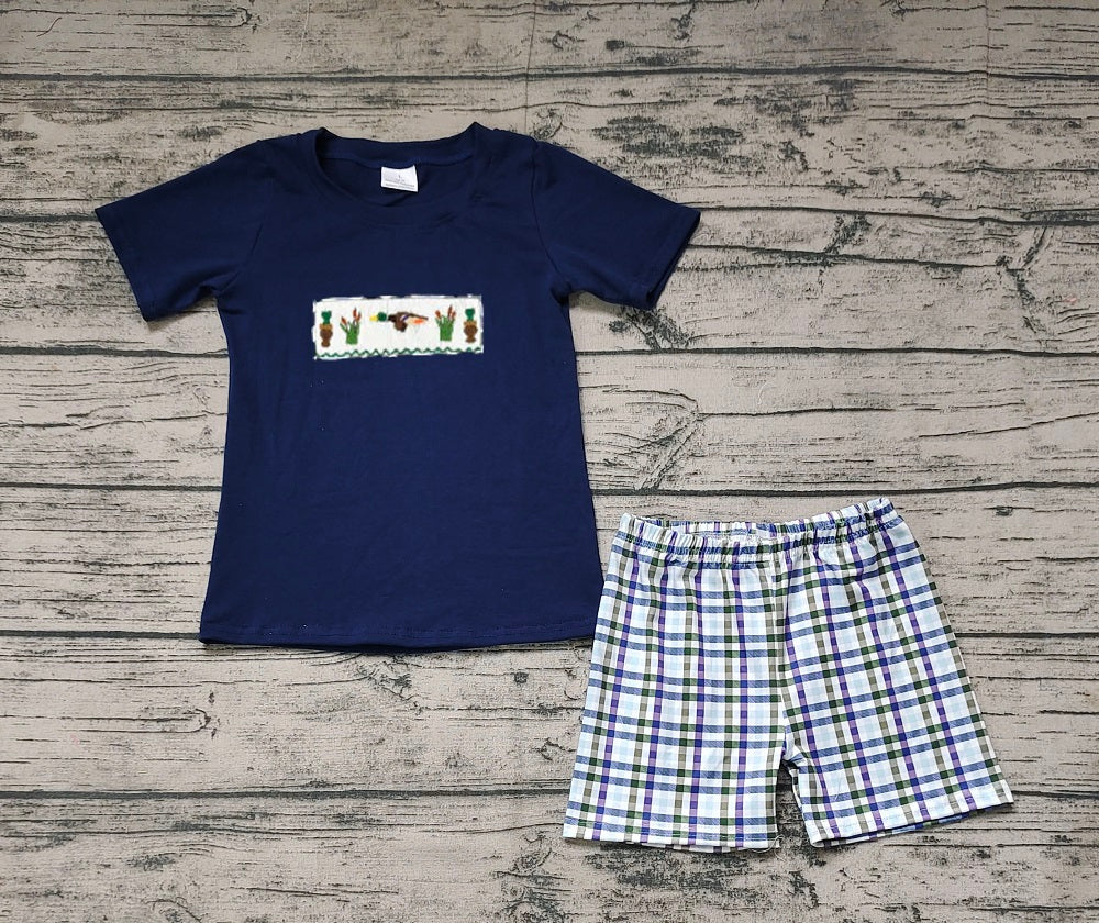 No moq Pre-order Baby Boy Navy Blue Short Sleeves Duck Shirt Plaid Shorts Set