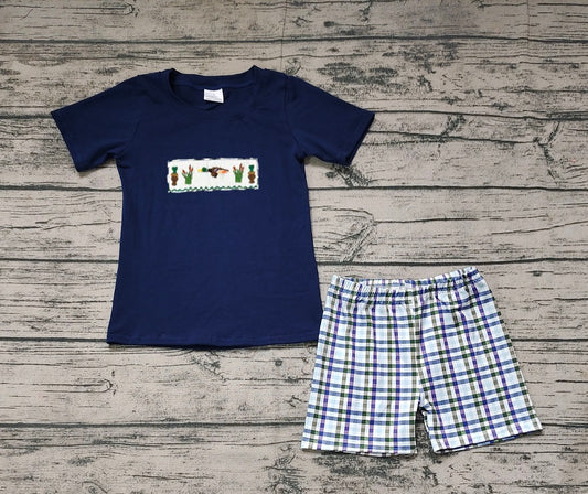 No moq Pre-order Baby Boy Navy Blue Short Sleeves Duck Shirt Plaid Shorts Set