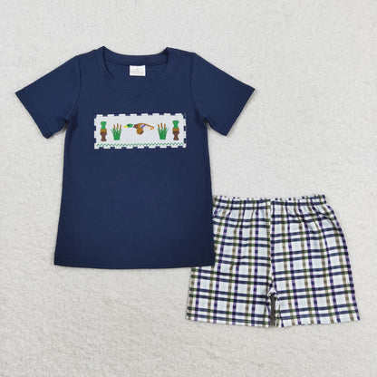 Sibling Baby Boys Short Sleeves Embroidery Ducks Navy Plaid Romper Set Hunting Clothes RTS