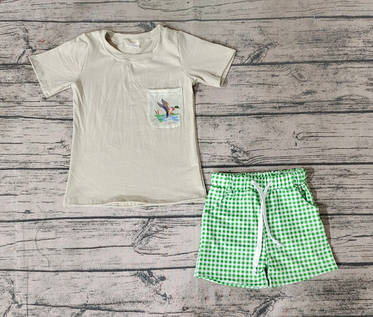 No moq Pre-order Baby Boy Short Sleeves Duck Shirt Green Plaid Pocket Shorts Set