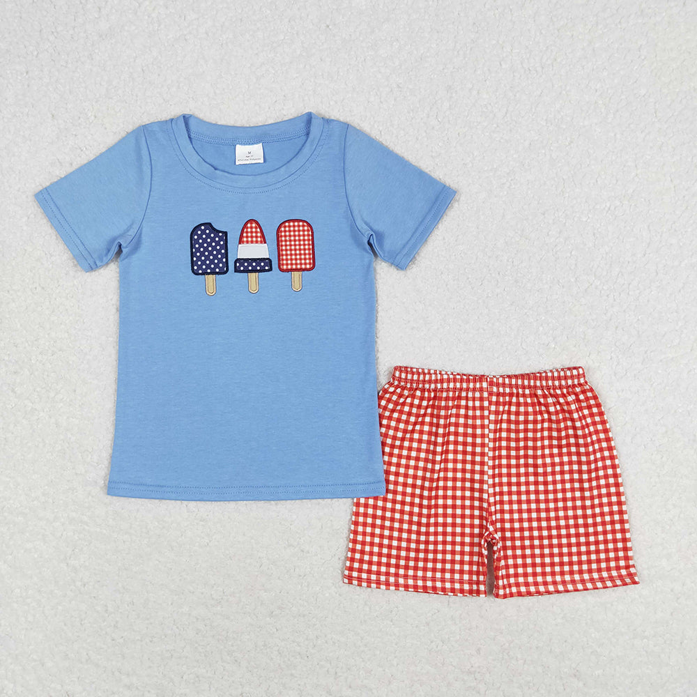 Baby Boy Girl Short Sleeves 4th Of July Embroidery Popsicle Sibling Clothes Outfit