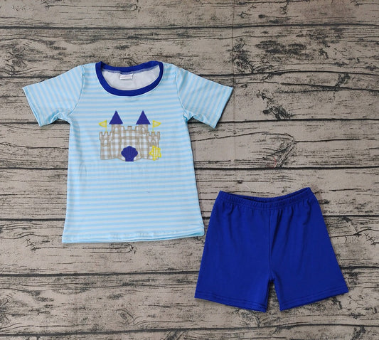 Moq 3 Pre-order Baby Boy Stripes Short Sleeves Castle Shirt Shorts Set