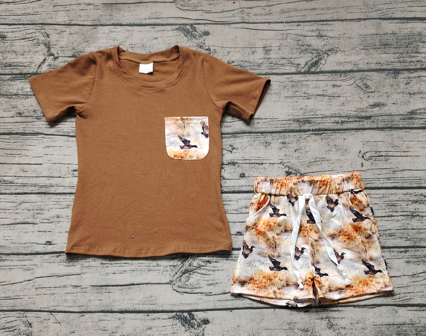 Pre-order Baby Boy Brown Short Sleeves Shirt Ducks Pocket Shorts Set