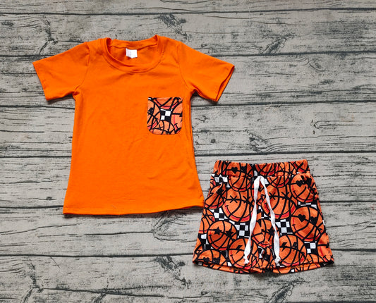 Pre-order Baby Boy Orange Short Sleeves Shirt Basketball Pocket Shorts Set