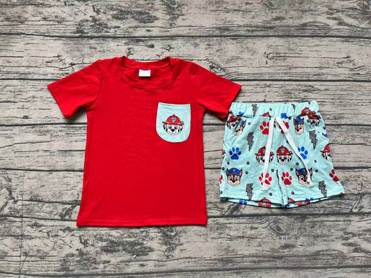 Pre-order Baby Boy Short Sleeves Red Shirt Dogs Cartoon Shorts Summer Set