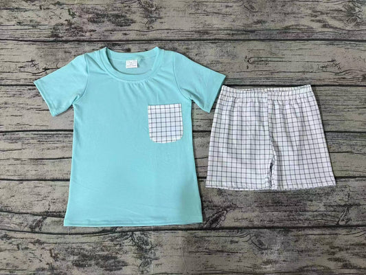 Pre-order Baby Boy Blue Short Sleeves Pocket Shirt Plaid Shorts Summer Set