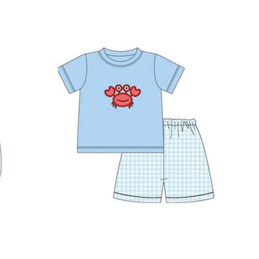 Moq 3 Pre-order Baby Boy Short Sleeves Crab Shirt Plaid Shorts Blue Set