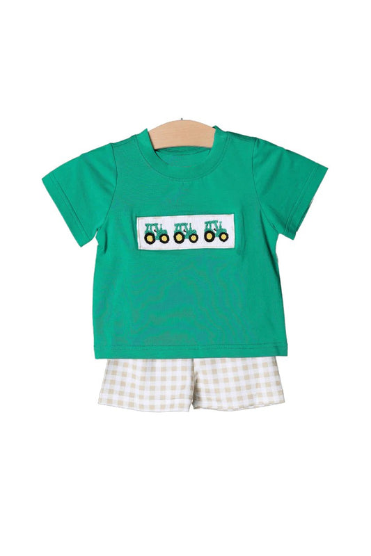 Moq 3 Pre-order Baby Boy Short Sleeves Tractor Green Shirt Plaid Shorts Set