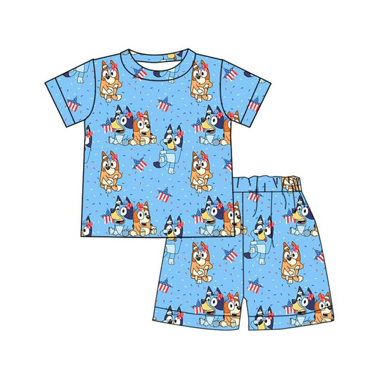 Moq 3 Pre-order Baby Boy Short Sleeves Dogs Shirt Shorts Dogs Blue Set Pajamas