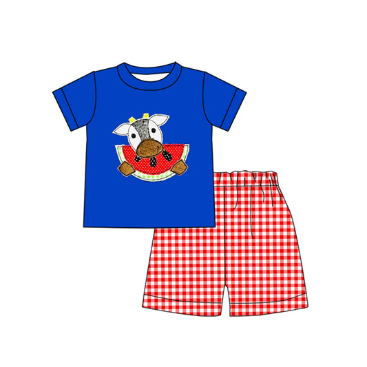 Moq 3 Pre-order Baby Boy Short Sleeves Watermelon Cow Shirt Plaid Shorts Summer Set