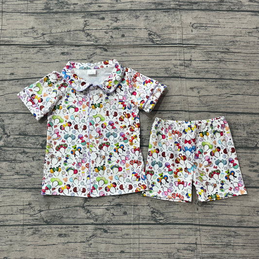 ( No moq ) Preorder Baby Girl Kids Short Sleeves Buttons Shirt Shorts Cartoon Pajamas Set Clothes