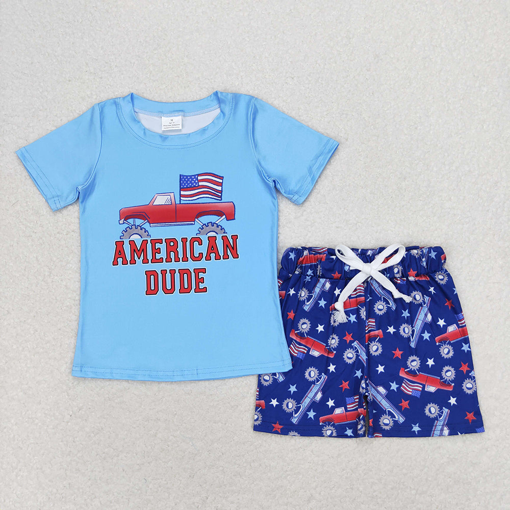 Baby Boy Short Sleeves July 4th Trucks Sibling Outfit Clothes Set RTS