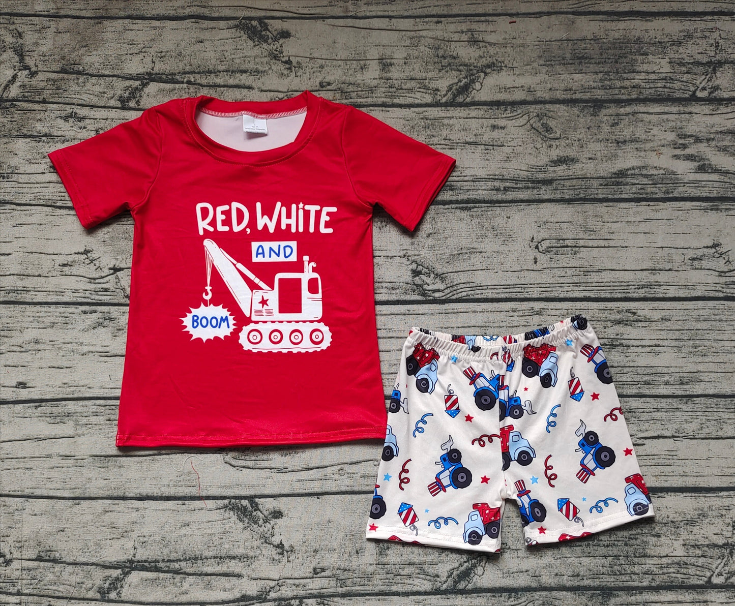 Baby Boy Red Short Sleeves Shirt Trucks Shorts July 4th Set