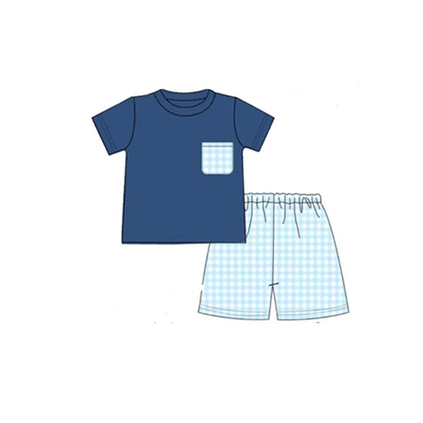 Moq 3 Pre-order Baby Boy Short Sleeves Pocket Shirt Blue Plaid Shorts Set